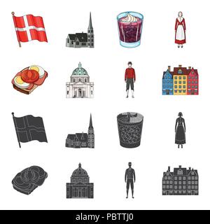 Le Danemark, l'histoire, d'un restaurant et d'autre icône de black,cartoon style., Sandwich, pain, icônes de collection set Illustration de Vecteur