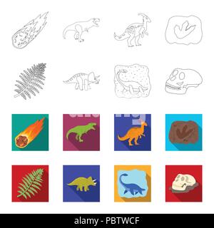 Dinosaure triceratops, mer,plante préhistorique, crâne humain. Période préhistorique et dinosaures collection set icônes de contours,flet symbole vecteur style sto Illustration de Vecteur