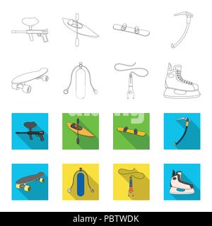 Skateboard, réservoir d'oxygène pour la plongée sous-marine, saut à ski, patin de hockey.sport extrême set collection icônes de contours,flet vecteur illustration stock style symbole . Illustration de Vecteur