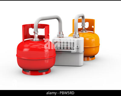 3d illustration de bouteilles de propane avec compteur de gaz blanc isolé. Banque D'Images