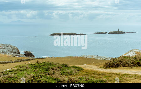 Vue du chef dans l'Isle Rhoscolyn d'Anglesey vers les petites îles avec une tour. Prise le 18 juillet 2018. Banque D'Images