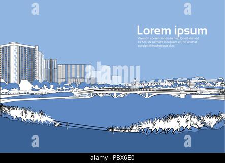 Pont de pierre sur la rivière fond bleu bâtiments ville paysage urbain paysage copie espace horizontal Illustration de Vecteur