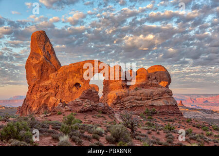 Soirée approche une arche au Parc National Arches dans l'Utah Banque D'Images