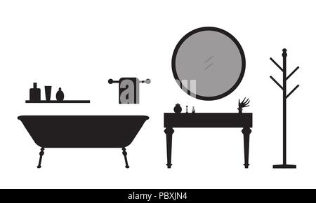 Jeu de silhouettes d'équipement et accessoires salle de bains avec sèche-serviettes, miroir et baignoire, isolé sur fond blanc - vector Illustration de Vecteur