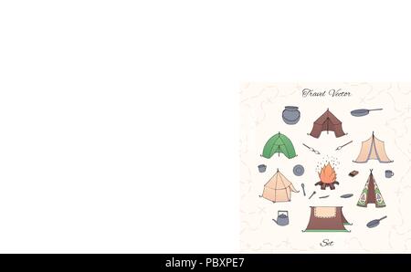 Hand drawn vector camping set avec tentes, Bonfire, électrique, plaques, chaudron et pan. Collection Voyage isolé sur le fond beige. Illustration de Vecteur