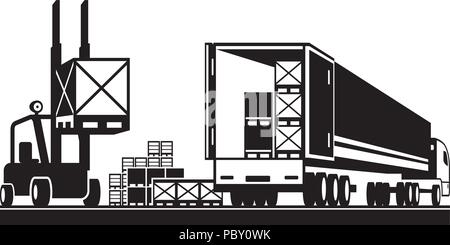 Chariot élévateur de palettes de chargement dans un camion - vector illustration Illustration de Vecteur
