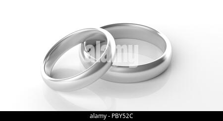 Paire de bagues de mariage en platine or isolé sur fond blanc, vue rapprochée, 3d illustration Banque D'Images