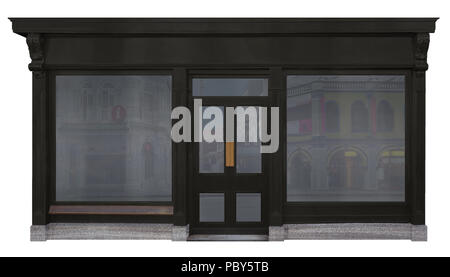 Avec devanture en bois noir boutique deux fenêtres et une porte au milieu découper sur fond blanc Banque D'Images