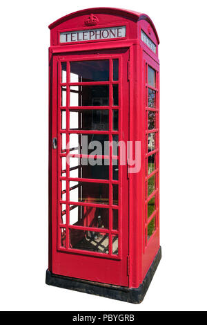 La traditionnelle boîte de téléphone rouge avec téléphone encore en usage à l'intérieur de dentelle et isolé sur un fond blanc. Royaume-uni Grande-Bretagne Banque D'Images