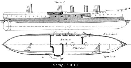 . Schémas illustrant l'élévation droite et vues en plan de la broadside cuirassé cuirassé HMS Sultan (1870). vers. 1871-1888 281 diagrammes Brasseys 1888 HMS Sultan Banque D'Images