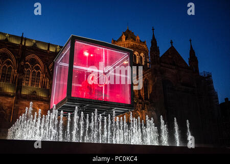 Strasbourg, 12,000 ans squelette de mammouth suspendue en cas d'affichage, jet fontaine à eau, Cathédrale illuminée, nuit, Alsace, France, Europe, Banque D'Images