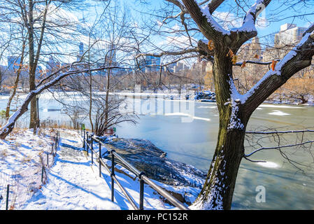 Lake dans le Parc Central de la ville de New York en paysage d'hiver, USA Banque D'Images