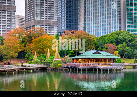 Hama Rikyu Hamarikyu (aussi) et le jardin japonais le plus ancien gratte-ciel modernes du quartier de Shiodome, Chuo Ward, Tokyo, région du Kanto, l'île de Honshu, Japon Banque D'Images