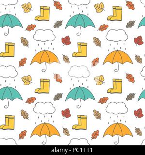 Cute joli modèle vectoriel continu automne background illustration avec parasols, la pluie, les nuages, les feuilles et les bottes Illustration de Vecteur
