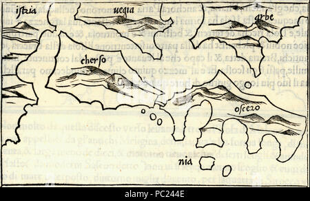 393 Plan de Kres (Cherso) et Losinj (îles) Ossero, également tracer l'Istrie, et Krk (Vegia) et Rab Arbe (îles) - Bordone Benedetto - 1547 Banque D'Images