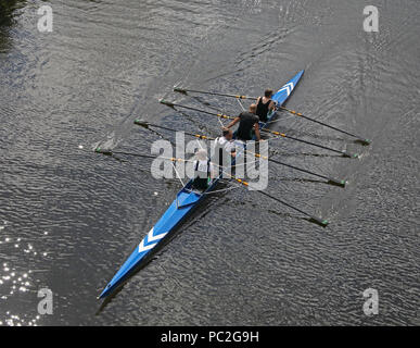 Trafford Rowing Club mens deux sans barreur, quads à Warrington Rowing Club 2018 Régate d'été, Howley lane, rivière Mersey, Cheshire, North West England, UK Banque D'Images