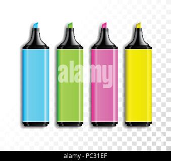 Ensemble de couleur design réaliste surligneur sur fond transparent. Articles de bureau ou l'école, vecteur de plumes colorées illustration. Illustration de Vecteur