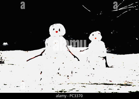 Une scène moderne et abstraite de saison avec de jolis bonhommes de neige. Carte de Noël neige bonhomme de neige. Neige . Bonhomme de neige et femme de neige. Arrière-plan noir. Nez rouge. Salutations de saison. Illustrations pour cartes. Branches pour bras. Couple neige. Crédit photo Russell Moore. Banque D'Images