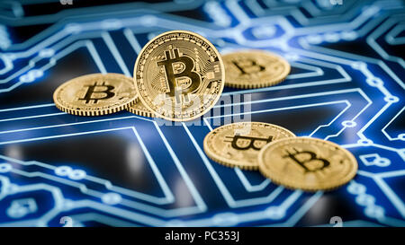 Le rendu 3D d'un bitcoin certains coins sombres sur un fond électronique Banque D'Images