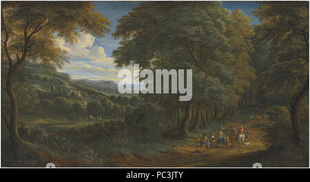 Adriaen Frans Boudewijns - un paysage boisé avec message d'accueil cavaliers voyageurs sur un chemin. Banque D'Images