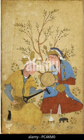 618 Deux musiciens assis sous un arbre en fleurs c. 1550, Collection privée, USA. Banque D'Images