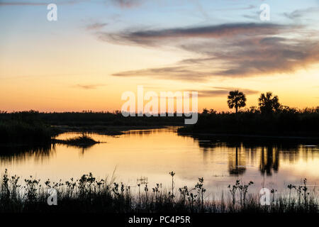 Naples Floride, Everglades, Fakahatchee Strand State Preserve, coucher de soleil, crépuscule, prairie d'eau douce marl, teinte orange, eau, voyages des visiteurs voyage tour touris Banque D'Images