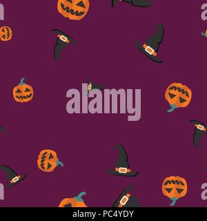 Citrouille, Halloween Chapeau de sorcière sans motif. Vector illustration. Fond violet. Tous les Saints Eve. Illustration de Vecteur