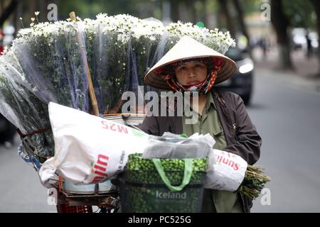 Vendeur vente de fleurs à partir de son mobile magasin de bicyclettes. Hanoi. Le Vietnam. Dans le monde d'utilisation | Banque D'Images