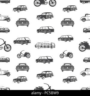 Transport surf modèle homogène. Surf rétro moto, voiture image de fond dans le style monochrome. Vintage hand drawn concept. Stock vector illustration isolated on white Illustration de Vecteur