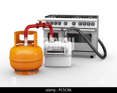 3d illustration de bouteilles de propane avec compteur de gaz et cuisinière à gaz blanc isolé. Banque D'Images