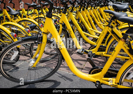 Pathum Thani, Thaïlande - 27 Avril 2018 : Des vélos sont garés Ofo sur le côté de la route. Ofo est un fournisseur de service de vélos en libre-service. Banque D'Images