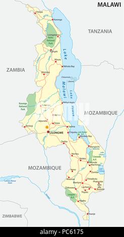 République du Malawi road et du parc national de carte vectorielle Illustration de Vecteur