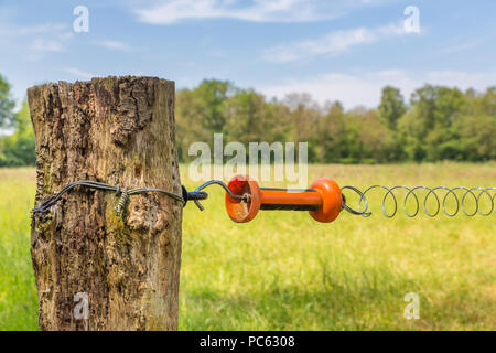 Clôture électrique avec poignée à meadow pôle dans la campagne Banque D'Images