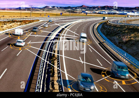Voiture autonome et auto concept de conduite. Arrière-plan de transport intelligents. Voiture et la technologie. Banque D'Images