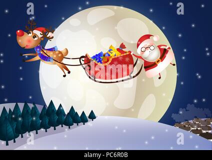 Père Noël sur un traîneau avec le cerf dans la nuit Illustration de Vecteur