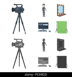 Une caméra, un costume pour les effets spéciaux et d'autres équipements. Faire des films mis en icônes collection cartoon,black style symbole vecteur illustra stock Illustration de Vecteur