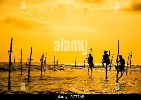 Les pêcheurs traditionnels au coucher du soleil au Sri Lanka Banque D'Images