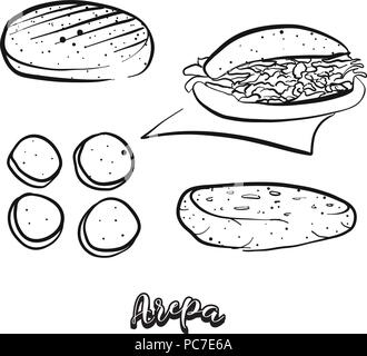 Croquis dessinés à la main, de l'Arepa de nourriture. Dessin vectoriel du Cornbread food, généralement connu en Amérique du Sud. Illustration du pain series. Illustration de Vecteur