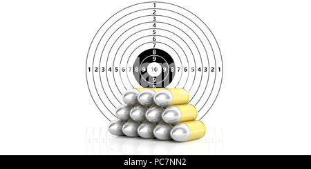 Pile de balles sur du papier blanc avec chiffres plaque cible de tir. 3d illustration Banque D'Images