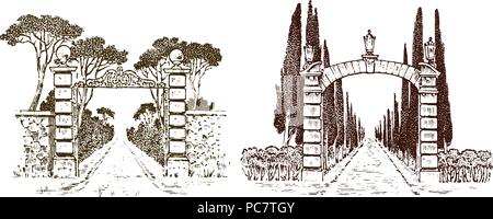 Vintage gates. Les portes de style victorien ou un ancien arch. Entrée du jardin ou sur le parc à l'arrière-plan d'arbres. Vieux croquis dessinés à la main, gravée. Vector illustration Illustration de Vecteur