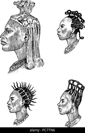 Coiffures hommes national africain. Profil d'un homme aux cheveux bouclés. Dreadlocks Afro différentes. Les visages de l'ancien peuple. Portrait gravé à la main vieux croquis. Tribus du sud. Illustration de Vecteur