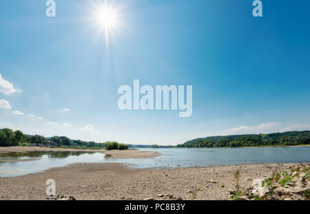 Faible niveau d'eau dans la sèches de la rivière du Rhin entre les aines, causée par une sécheresse prolongée, Rhénanie du Nord-Westphalie, Allemagne Banque D'Images