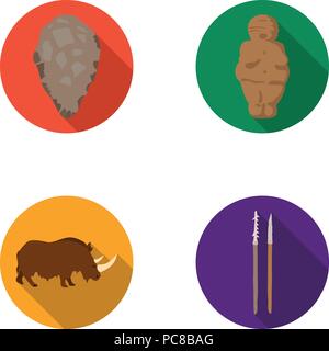 Os,âge,prendre,collection,bovins,télévision,figurine déesse,crochet,icône,,illustration,logo,isolé,homme,religion,primitive,rhinoceros,set,signer,pierre,lance symbole,vecteur,web,femme,monde, vecteurs vecteur , Illustration de Vecteur