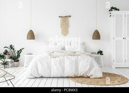 Scandi-boho style intérieur chambre à coucher, 3D render Banque D'Images