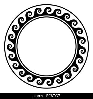 Cercle noir avec motif de points en cours d'exécution. Spirale transparente design méandre. En forme de vagues répétées en motif. Faites défiler le motif. Bordure décorative. Banque D'Images