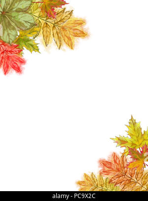 Les feuilles d'automne modèle décoré de coin avec copie Espace texte sur fond blanc. Création de contenu pour l'impression d'automne aquarelle, Carte, Invitation, annonce Banque D'Images