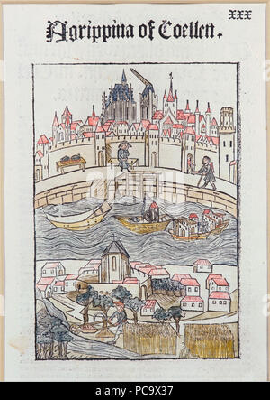 Koelhoff, Johann (der Jüngere), Agrippine de Coellen, Holzschnitt & koloriert (schwarz) & koloriert (rot) & koloriert (blau) & koloriert (gelb), PapierKöln, 1499 (Köln, Köln, 49204-1505 Kreissparkasse, rba c012899). 55 Köln - Koelhoffsche Chronik Agrippine de Coellen, fol. 30, 1499, le BRA Banque D'Images