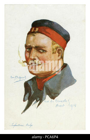 Carte postale historique français : portrait d'un soldat d'infanterie belge, un homme blond avec une moustache. Cigarette dans les dents, la première guerre mondiale, 1914, Belgique Banque D'Images