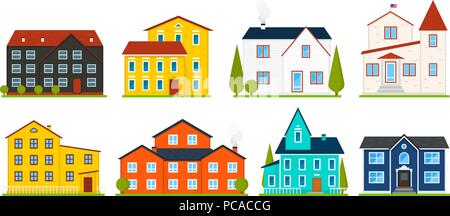 Peu jolie maison ou appartements. Maison de l'Amérique de la famille. Quartier avec des maisons confortables. Chalet moderne traditionnel pour l'infographie ou l'interface de l'application. Illustration vecteur de construction. Style plat Illustration de Vecteur