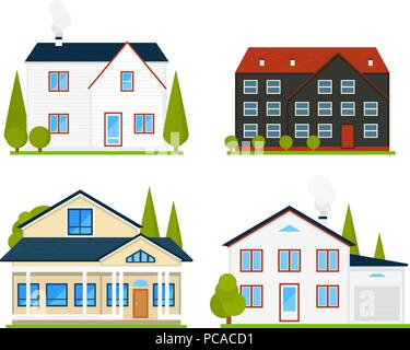 Peu jolie maison ou appartements. Maison de l'Amérique de la famille. Quartier avec des maisons confortables. Chalet moderne traditionnel pour l'infographie ou l'interface de l'application. Illustration vecteur de construction. Style plat Illustration de Vecteur